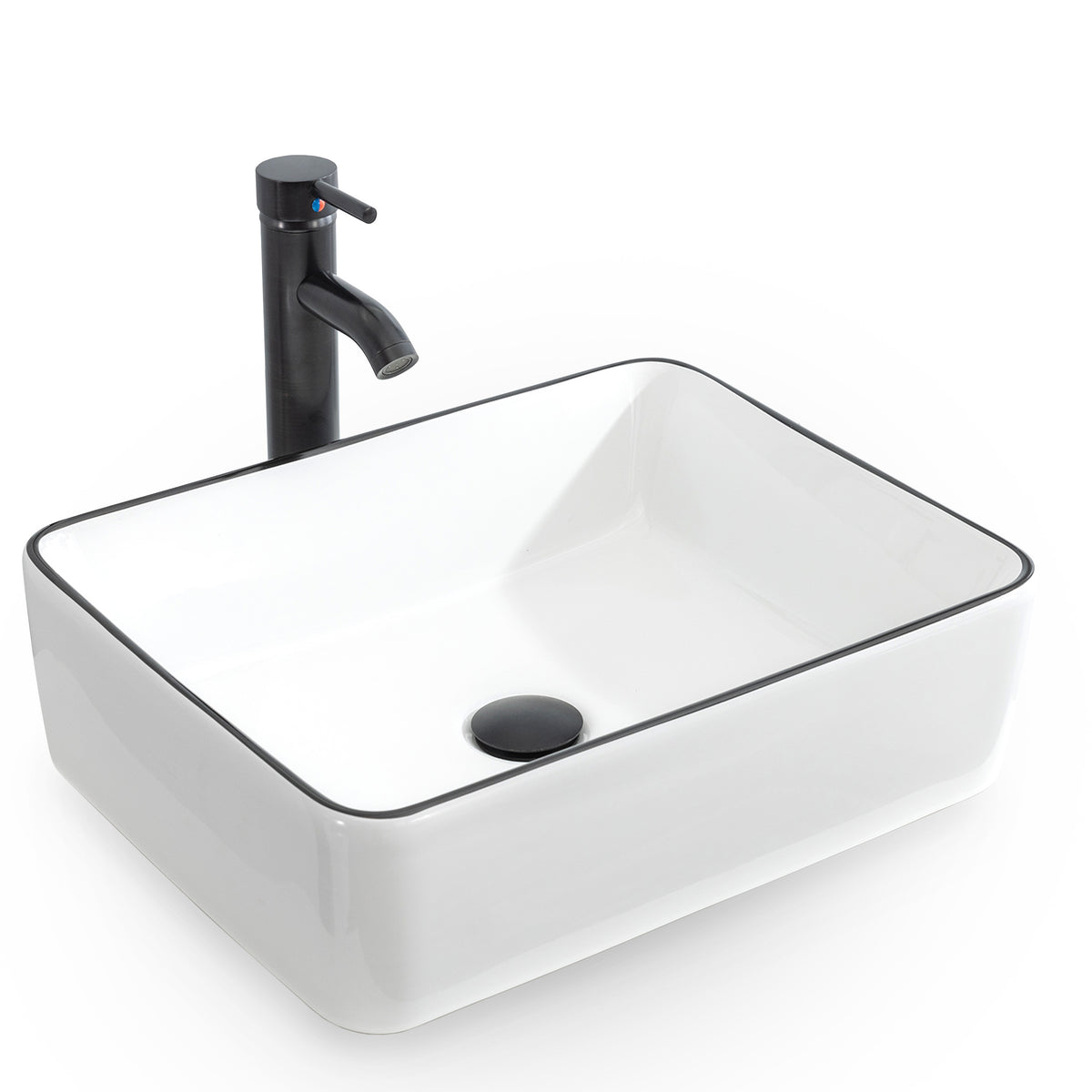 Bathroom Vessel Sink Combo Ceramic Bowl & Faucet & Pop Up Drain - White with Black Decor Line