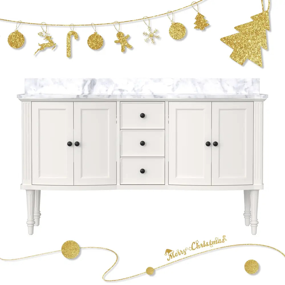 Elara 60’’ Freestanding Double Vanity Cabinets with Solid Wood Legs Lvory White 浴室柜