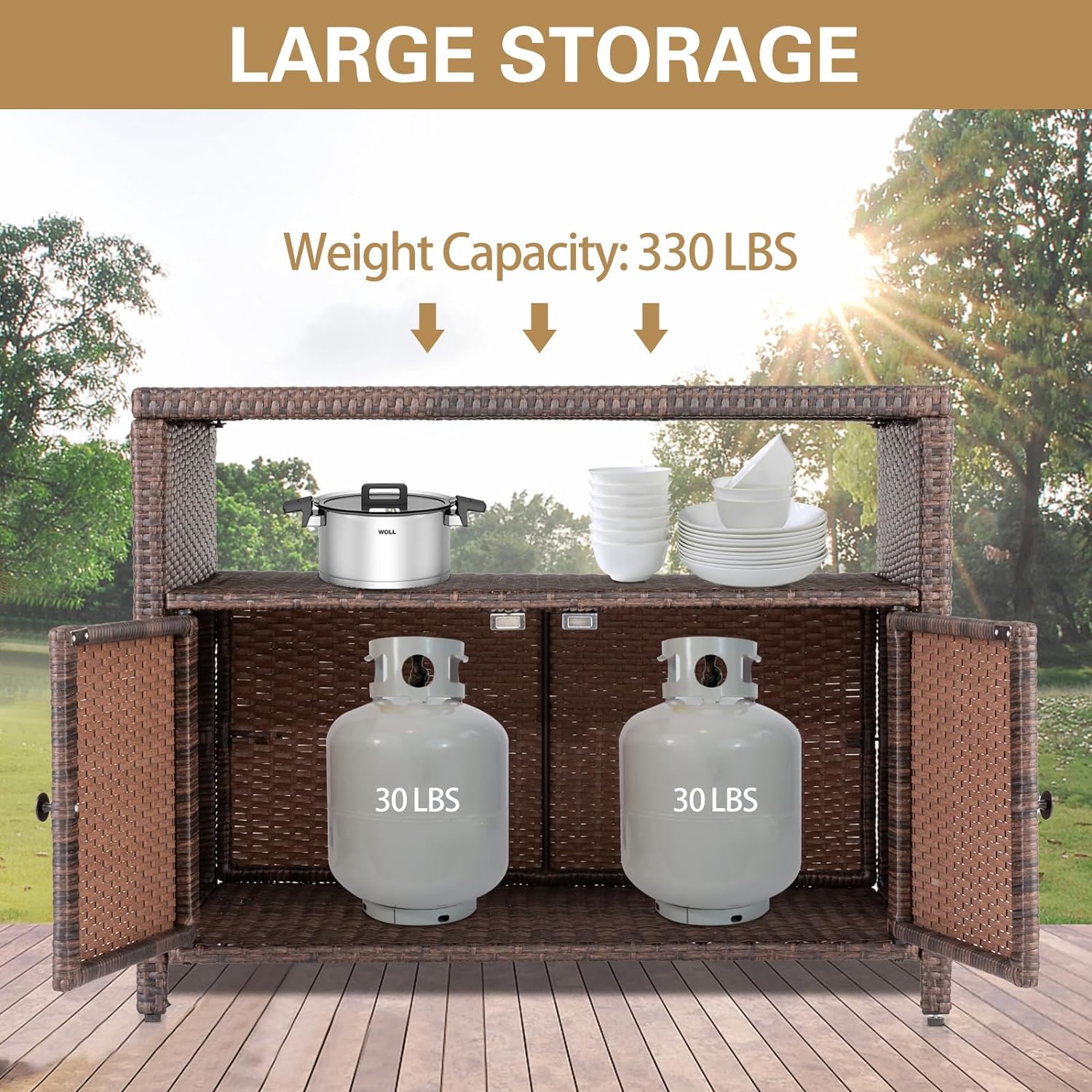 Eclife Outdoor Wicker Rattan Storage Cabinet with 2 Doors, Shelves & Polystyrene Top