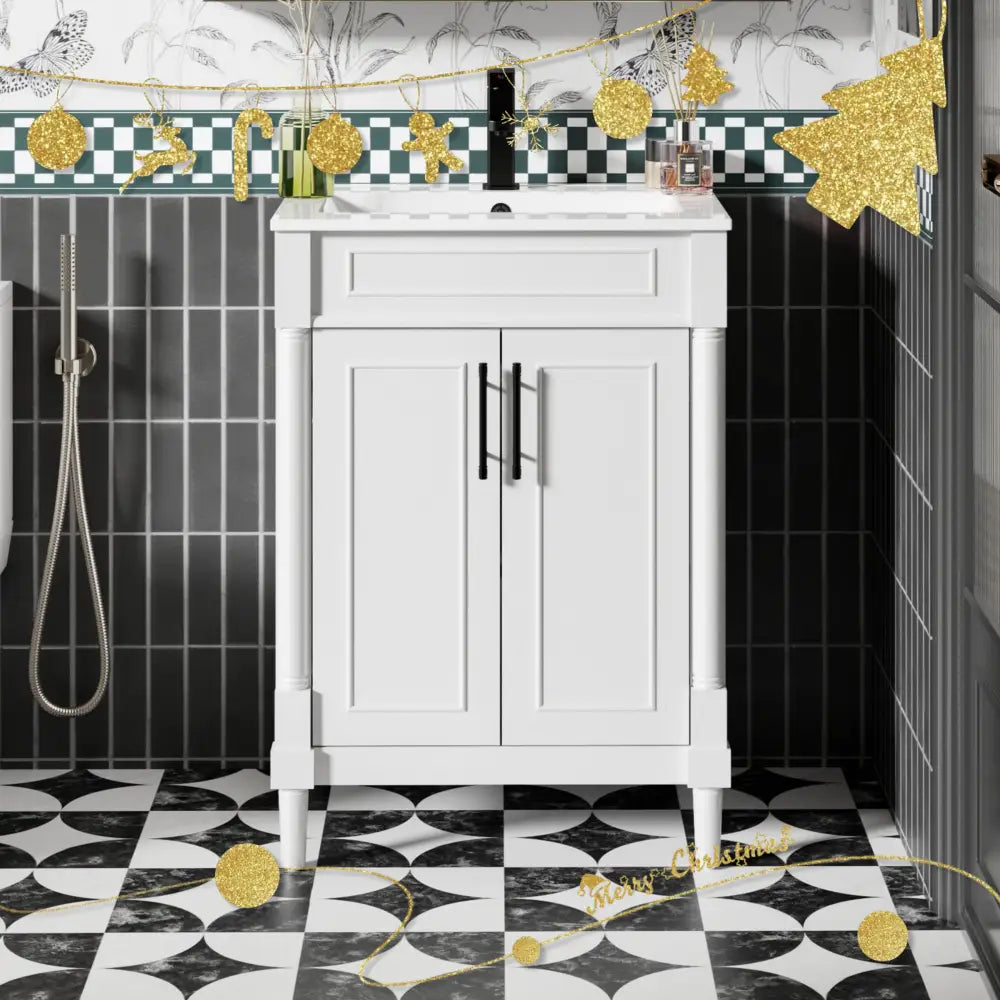 Retro 24’’ Freestanding Single Vanity Cabinets with Circular Column White 浴室柜