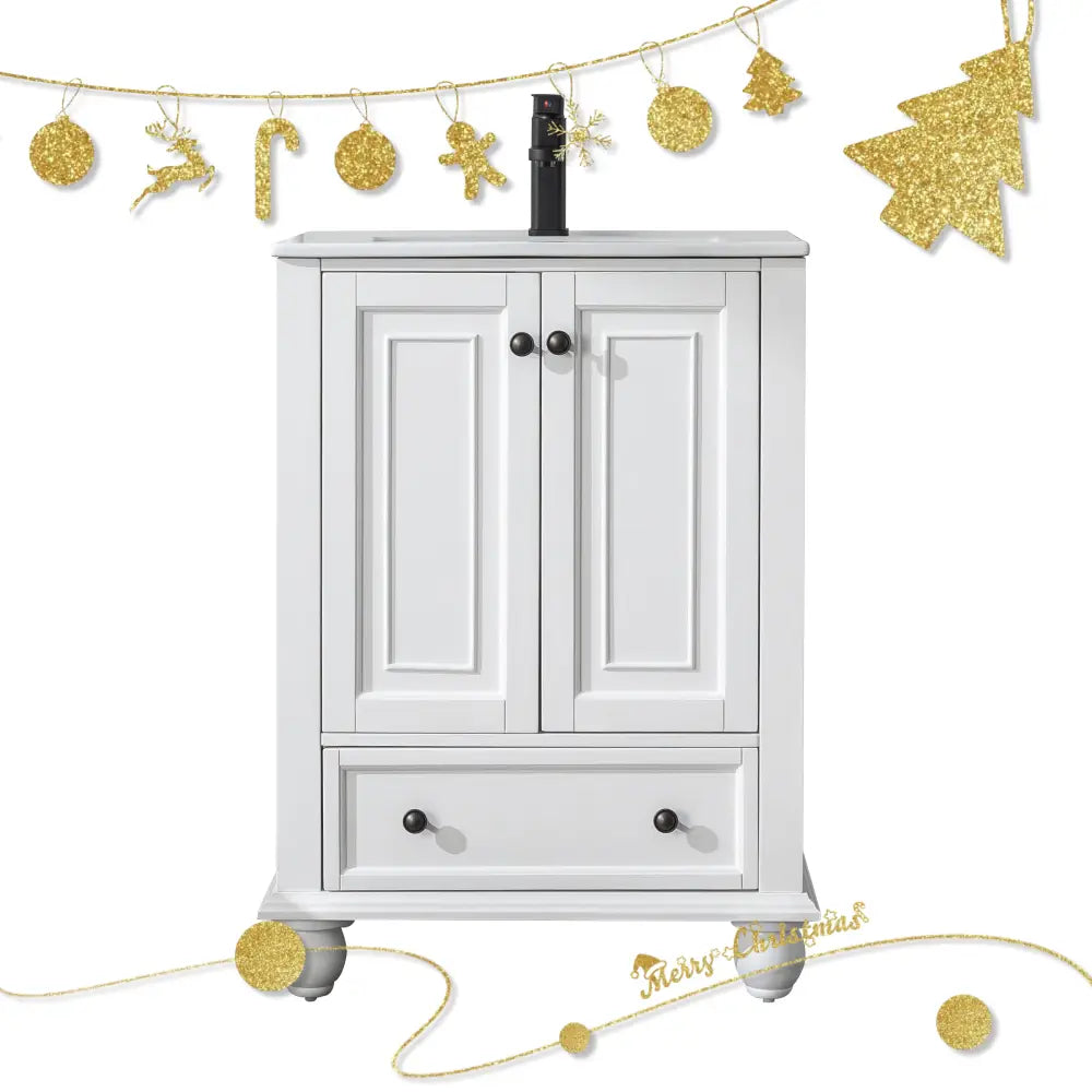 Retro 24’’ Freestanding Single Vanity Cabinets with Gourd-shaped Feet White 浴室柜