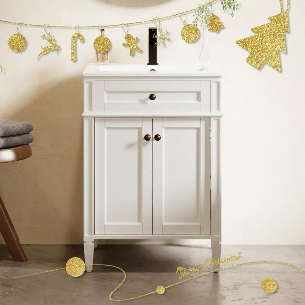 Retro 24’’ Freestanding Single Vanity Cabinets with Square Column White 浴室柜