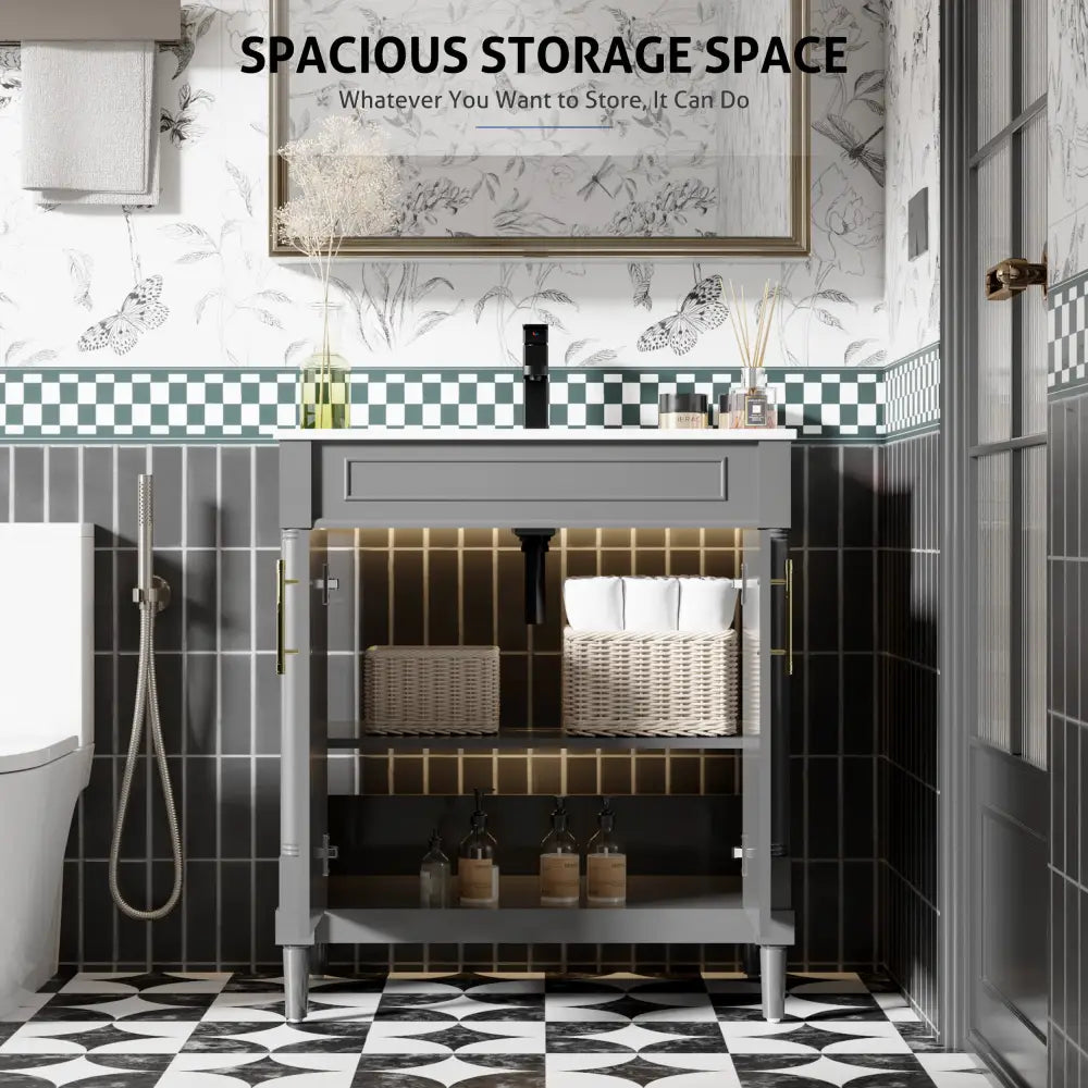 Retro 30’’ Freestanding Single Vanity Cabinets with Circular Column 浴室柜