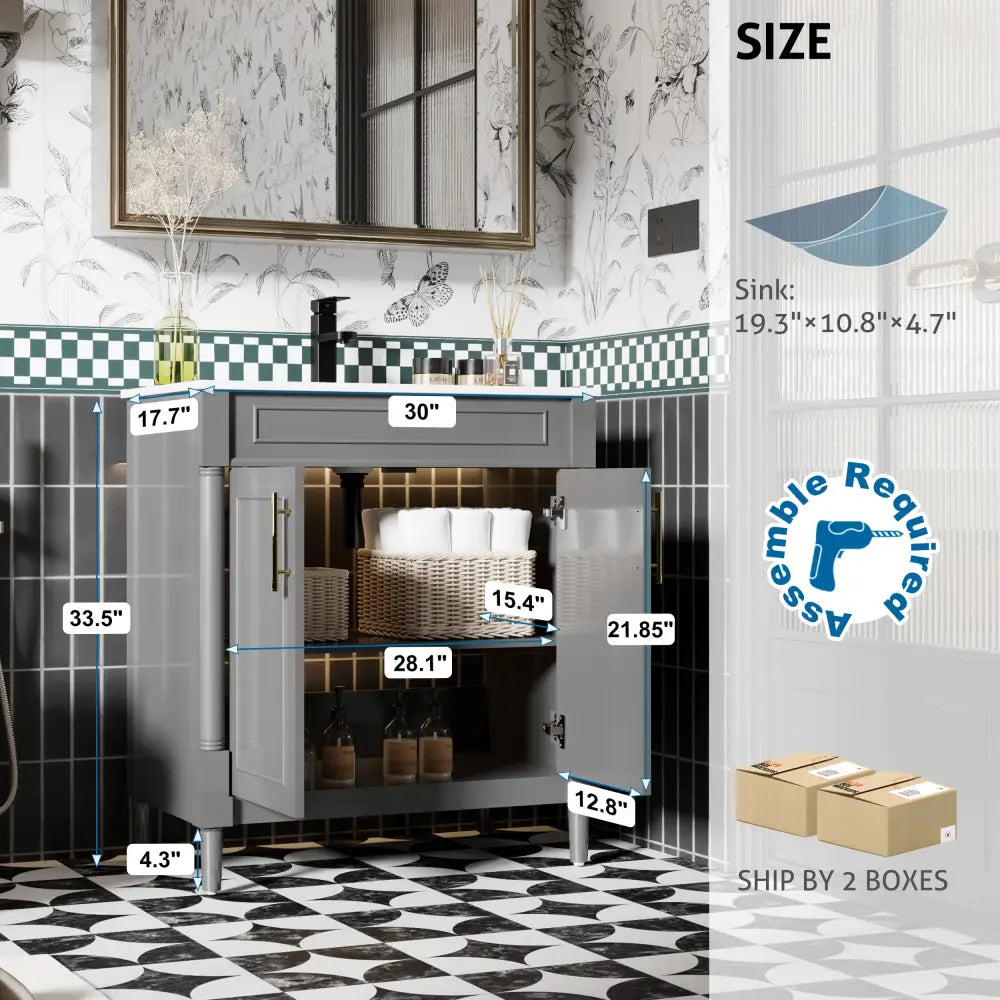 Retro 30’’ Freestanding Single Vanity Cabinets with Circular Column 浴室柜