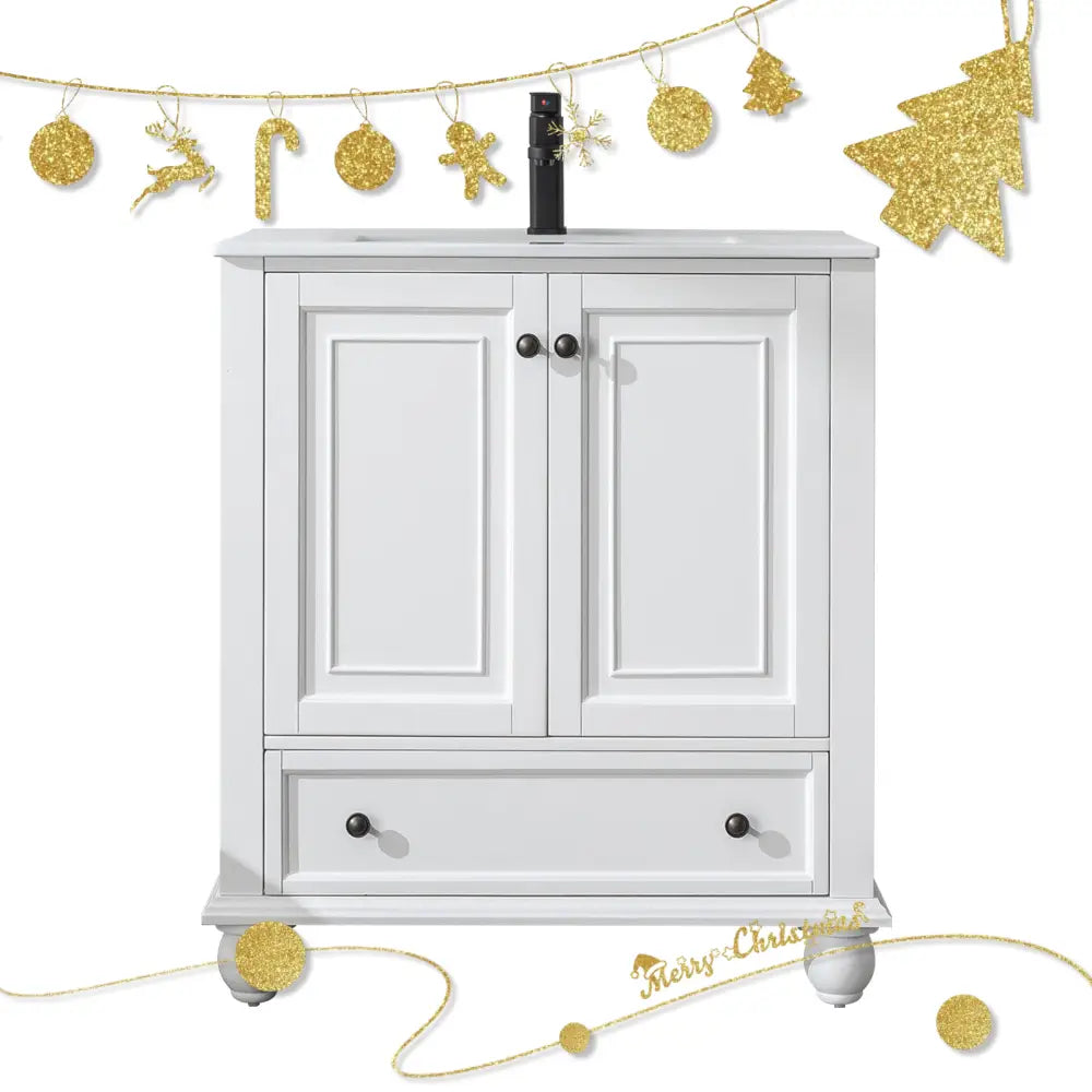 Retro 30’’ Freestanding Single Vanity Cabinets with Gourd-shaped Feet White 浴室柜