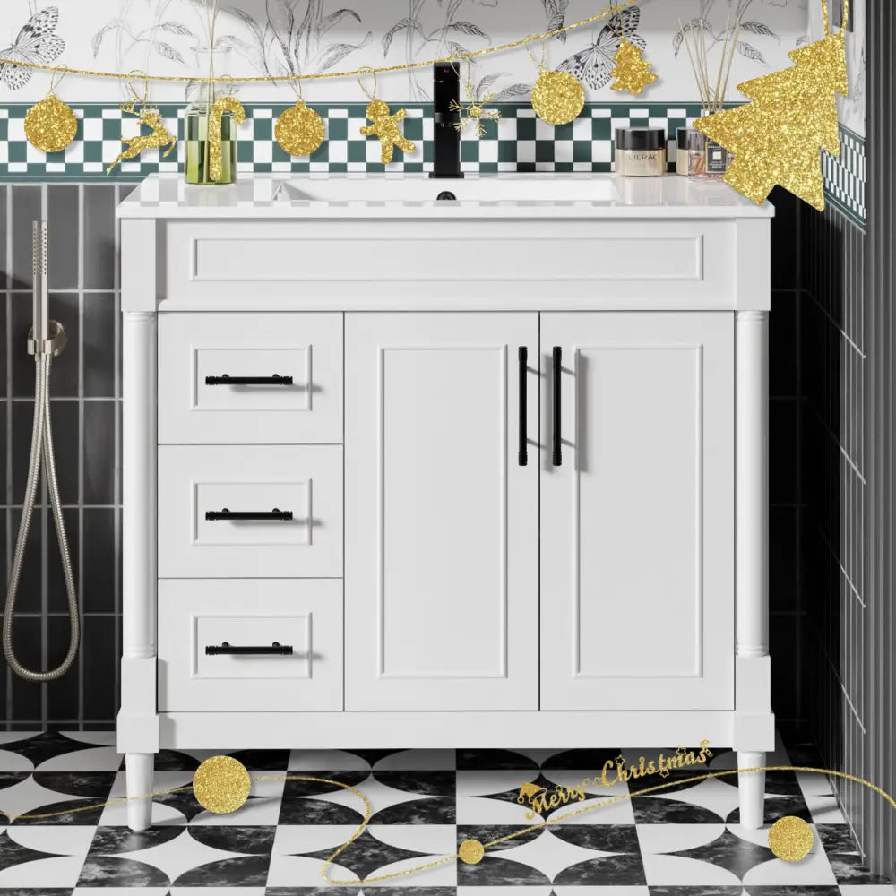 Retro 36’’ Freestanding Single Vanity Cabinets with Circular Column White 浴室柜