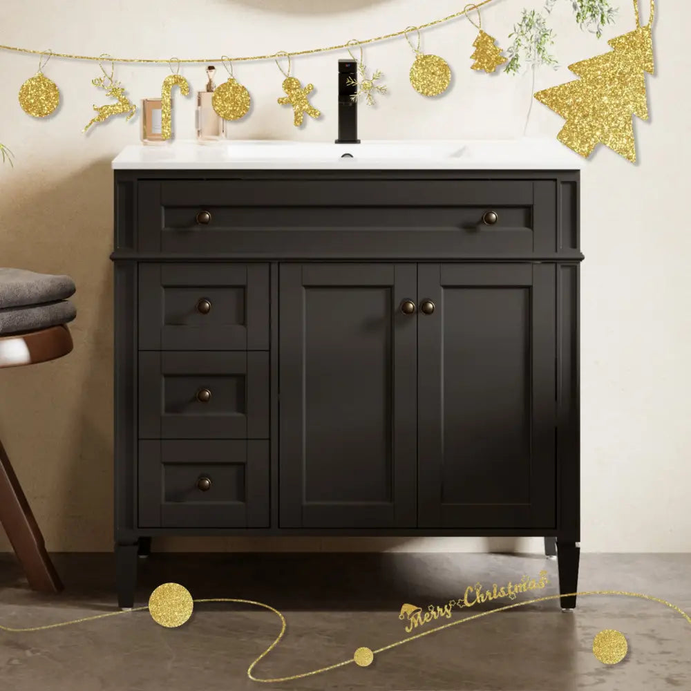 Retro 36’’ Freestanding Single Vanity Cabinets with Square Column Black 浴室柜