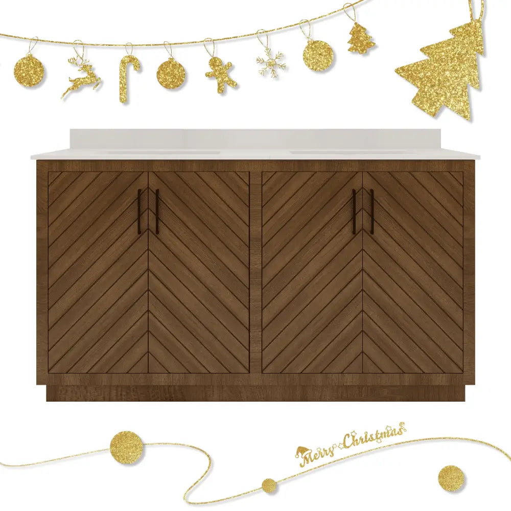 Zoom 60’’ Freestanding Double Vanity Cabinets with Chevron Pattern Dark Walnut 浴室柜