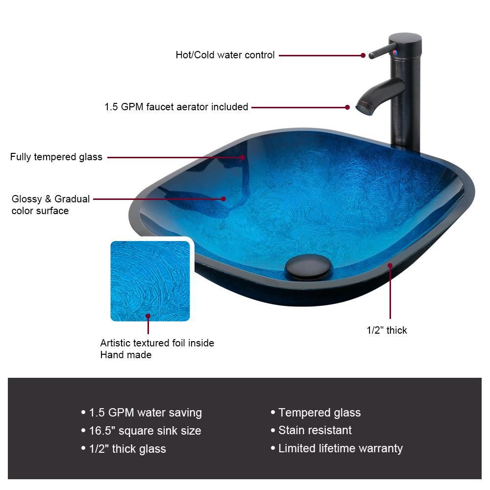Bathroom Vessel Sink Combo Tempered Glass Bowl & Faucet & Pop Up Drain—Blue Square