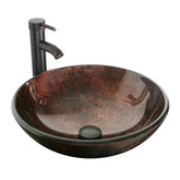 Bathroom Vessel Sink Combo Tempered Glass Bowl & Faucet & Pop Up Drain—Brown Round