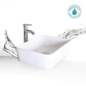 Bathroom Vessel Sink Combo Ceramic Bowl & Faucet & Pop Up Drain—White Rectangle