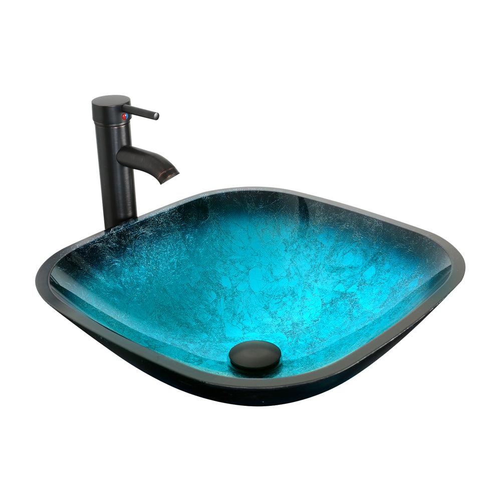 Bathroom Vessel Sink Combo Tempered Glass Bowl & Faucet & Pop Up Drain—Turquoise Square