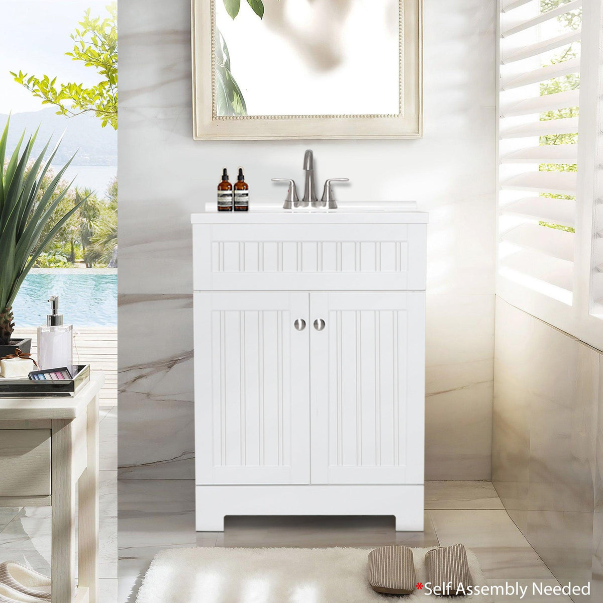 Eclife 24"-30" White Bathroom Vanity Cabinet Sink Combo W/Waterproof Resin Basin Countertop & Stainless Steel Faucet & Pop Up Drain