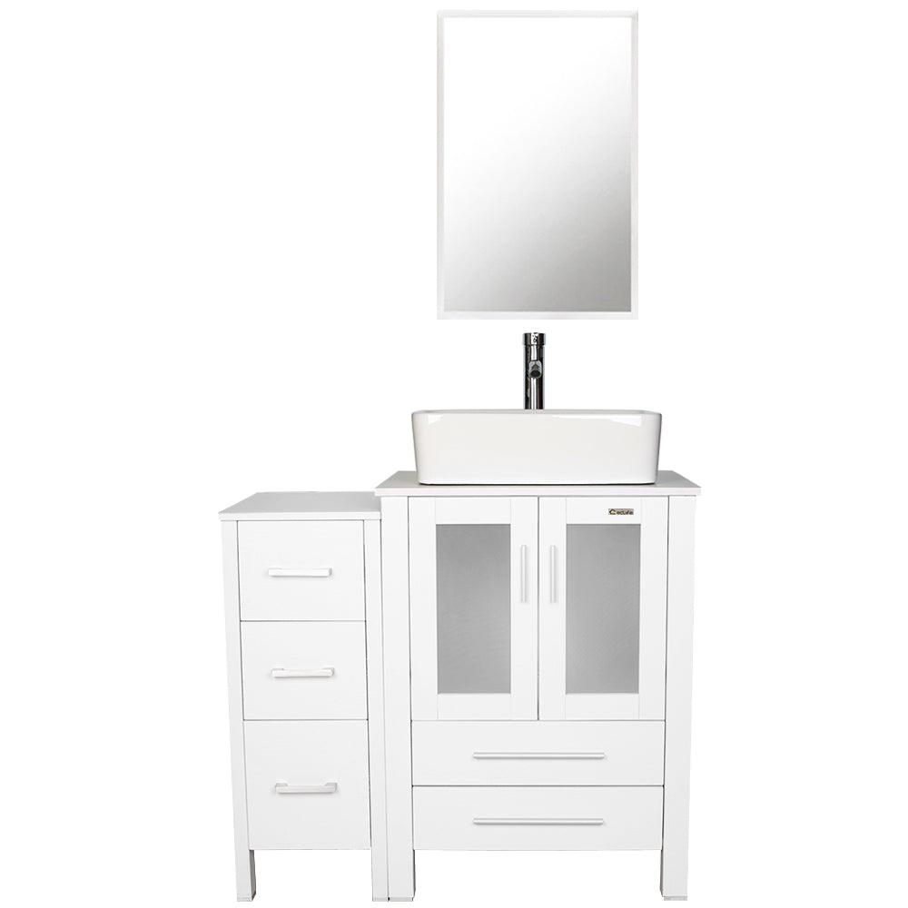 Eclife 36" Bathroom Vanity W/White Side Cabinet Combo Modern Pedestal Cabinet Set Pedestal Stand Wood with Bathroom Vanity Mirror Drawers Soft Closing Cabinet Doors Set