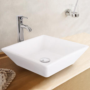 Bathroom Vessel Sink Combo Ceramic Bowl & Faucet & Pop Up Drain—White Square