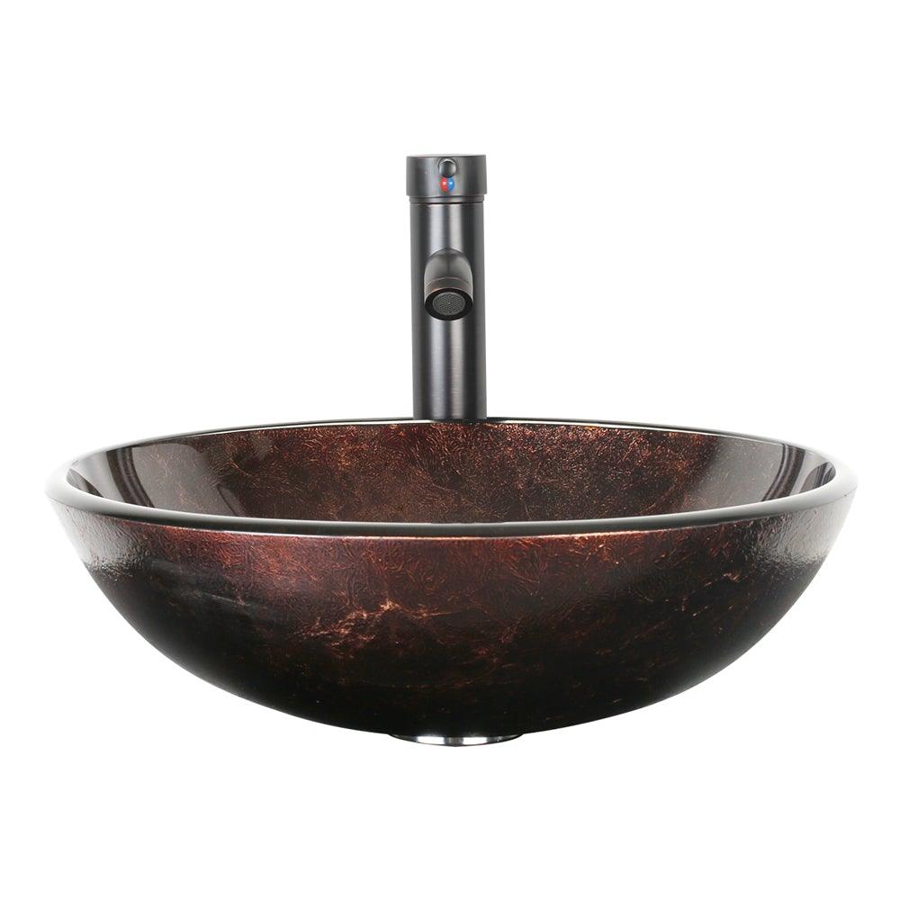 Bathroom Vessel Sink Combo Tempered Glass Bowl & Faucet & Pop Up Drain—Brown Round