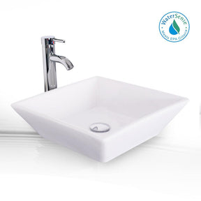 Bathroom Vessel Sink Combo Ceramic Bowl & Faucet & Pop Up Drain—White Square