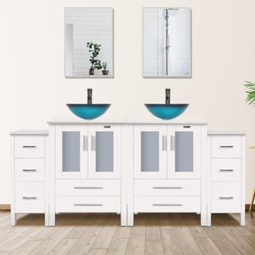 Eclife 72" White Double Sinks Modern Bathroom Vanity Sink Combo W/Side Cabinet, with Mirror
