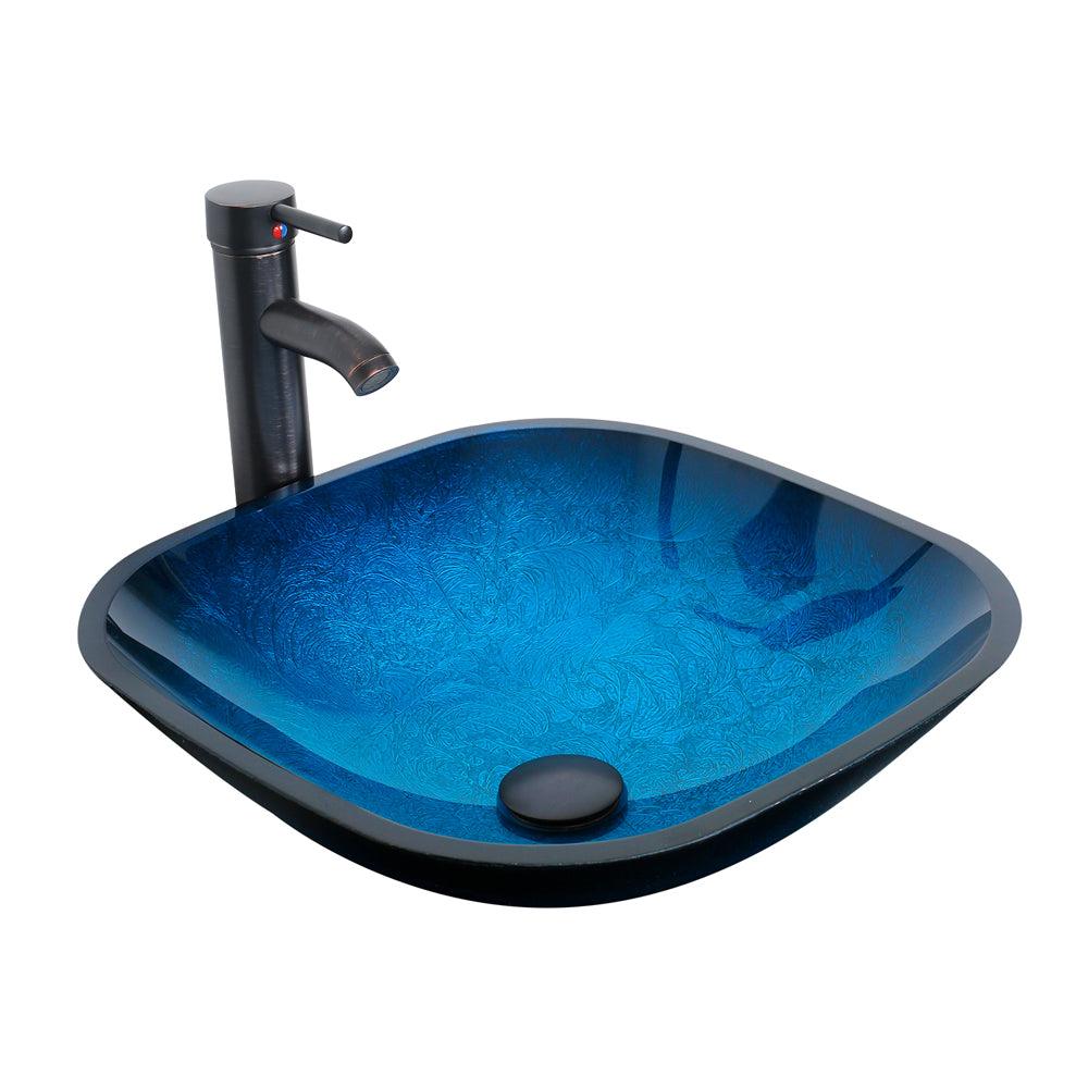 Bathroom Vessel Sink Combo Tempered Glass Bowl & Faucet & Pop Up Drain—Blue Square