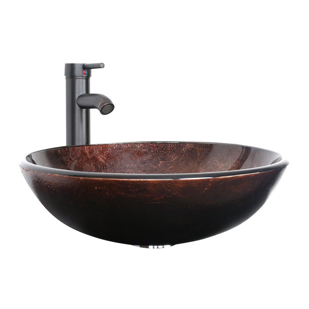 Bathroom Vessel Sink Combo Tempered Glass Bowl & Faucet & Pop Up Drain—Brown Round