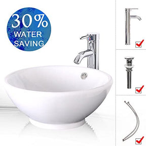 Bathroom Vessel Sink Combo Ceramic Bowl & Faucet & Pop Up Drain—White Round