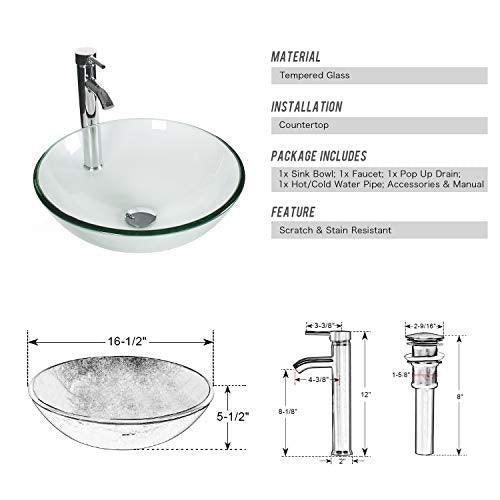 Bathroom Vessel Sink Combo Tempered Glass Bowl & Faucet & Pop Up Drain—Clear Round