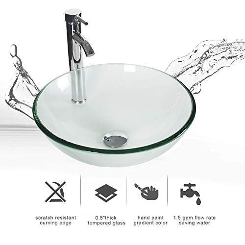 Bathroom Vessel Sink Combo Tempered Glass Bowl & Faucet & Pop Up Drain—Clear Round