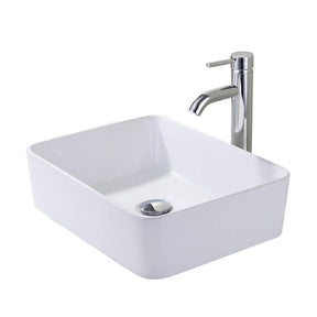 Bathroom Vessel Sink Combo Ceramic Bowl & Faucet & Pop Up Drain—White Rectangle