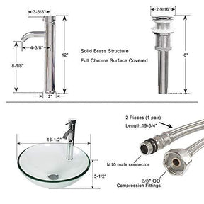 Bathroom Vessel Sink Combo Tempered Glass Bowl & Faucet & Pop Up Drain—Clear Round