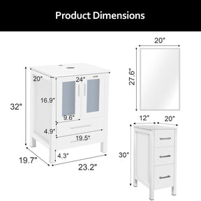 72” Bathroom Vanity Sink Combo W/White Small Side Cabinet Round Tempered Glass Vessel Sink & 1.5 GPM Water Save Faucet & Solid Brass Pop Up Drain, with Mirror