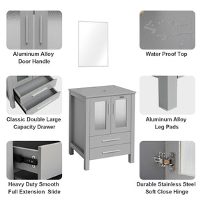 Eclife 36” Bathroom Vanity Sink Combo Grey W/Side Cabinet Vanity Round Blue Tempered Glass Vessel Sink and ORB Solid Brass Faucet and Pop Up Drain, W/Mirror