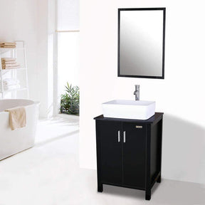 Eclife 24" Bathroom Vanity Combo Modern MDF Cabinet with Vanity Mirror Clear Round Tempered Glass Counter Top Vessel Sink with 1.5 GPM Faucet and Pop Up Drain