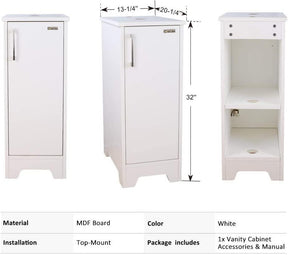 14" Bathroom Vanity and Sink Combo White Small Vanity Square Ceramic Vessel Sink & 1.5 GPM Water Save Faucet & Solid Brass Pop Up Drain