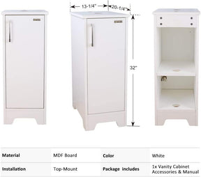 14" Bathroom Vanity and Sink Combo White Small Vanity Square Ceramic Vessel Sink & 1.5 GPM Water Save Faucet & Solid Brass Pop Up Drain