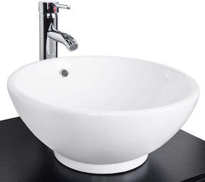 Bathroom Vessel Sink Combo Ceramic Bowl & Faucet & Pop Up Drain—White Round