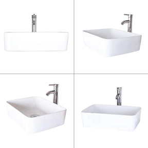 Bathroom Vessel Sink Combo Ceramic Bowl & Faucet & Pop Up Drain—White Rectangle