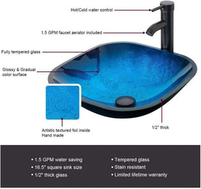 Eclife 36” Bathroom Vanity Sink Combo Grey W/Side Cabinet Vanity Round Blue Tempered Glass Vessel Sink and ORB Solid Brass Faucet and Pop Up Drain, W/Mirror