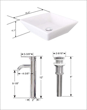 Bathroom Vessel Sink Combo Ceramic Bowl & Faucet & Pop Up Drain—White Square