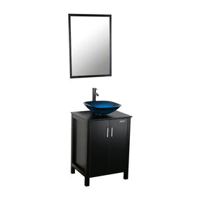 Eclife 24" Bathroom Vanity Combo Modern MDF Cabinet with Vanity Mirror Clear Round Tempered Glass Counter Top Vessel Sink with 1.5 GPM Faucet and Pop Up Drain