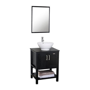 24'' Modern Bathroom Vanity Cabinet Combo Square Blue Glass Vessel Sink Combo 1.5 GPM Brass Faucet and Pop Up Drain and ORB Mounting Ring, W/Mirror