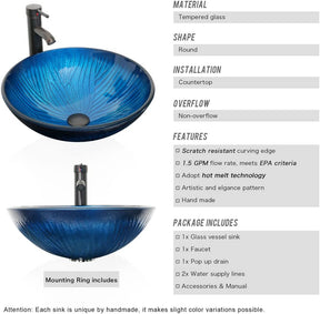 Eclife 36” Bathroom Vanity Sink Combo Grey W/Side Cabinet Vanity Round Blue Tempered Glass Vessel Sink and ORB Solid Brass Faucet and Pop Up Drain, W/Mirror