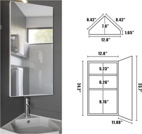 Eclife 24" Bathroom Corner  Cabinet with Mirror, Wall Mount Mirror Cabinet Hanging Triple Shelf Storage Cabinet Opens Left to Right