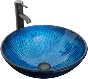 Eclife 36” Bathroom Vanity Sink Combo Grey W/Side Cabinet Vanity Round Blue Tempered Glass Vessel Sink and ORB Solid Brass Faucet and Pop Up Drain, W/Mirror