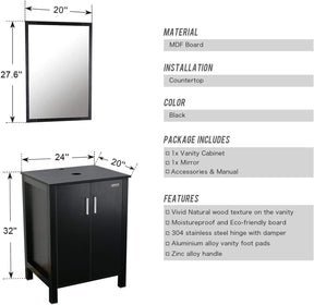Eclife 24" Bathroom Vanity Combo Modern MDF Cabinet with Vanity Mirror Clear Round Tempered Glass Counter Top Vessel Sink with 1.5 GPM Faucet and Pop Up Drain