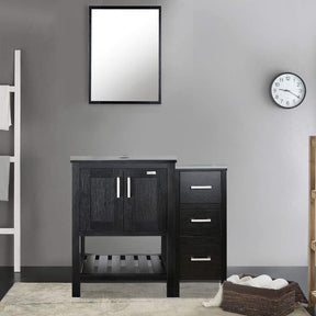 36” Bathroom Vanity Sink Combo Black W/Side Cabinet with Round White Ceramic Vessel Sink, Chrome Bathroom Solid Brass Faucet and Pop Up Drain Combo, W/Mirror