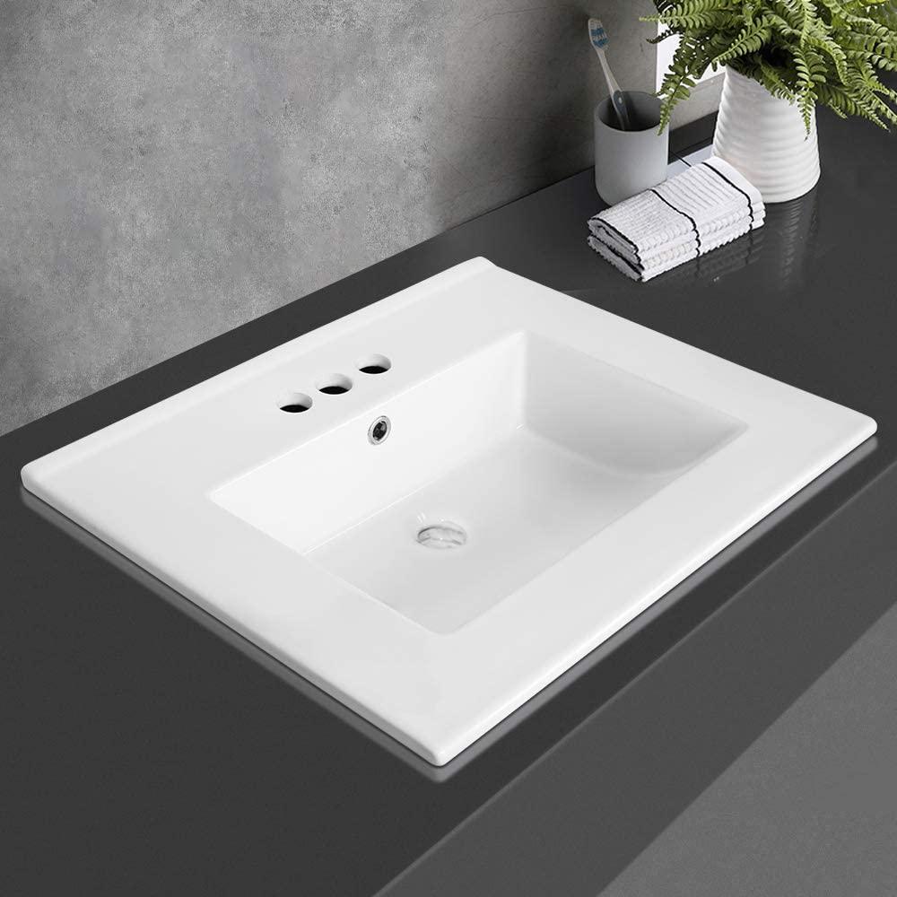 Eclife Drop in Rectangle 3 Holes White Ceramic Bathroom Sink Top with Overflow Under Counter Console Sink