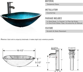 Eclife 36” Bathroom Vanity Sink Combo Grey W/Side Cabinet Vanity Round Blue Tempered Glass Vessel Sink and ORB Solid Brass Faucet and Pop Up Drain, W/Mirror