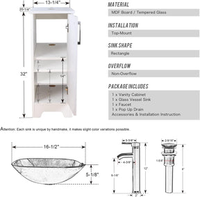 Eclife 14" Bathroom Vanity and Sink Combo White Small Vanity Square Ceramic Vessel Sink