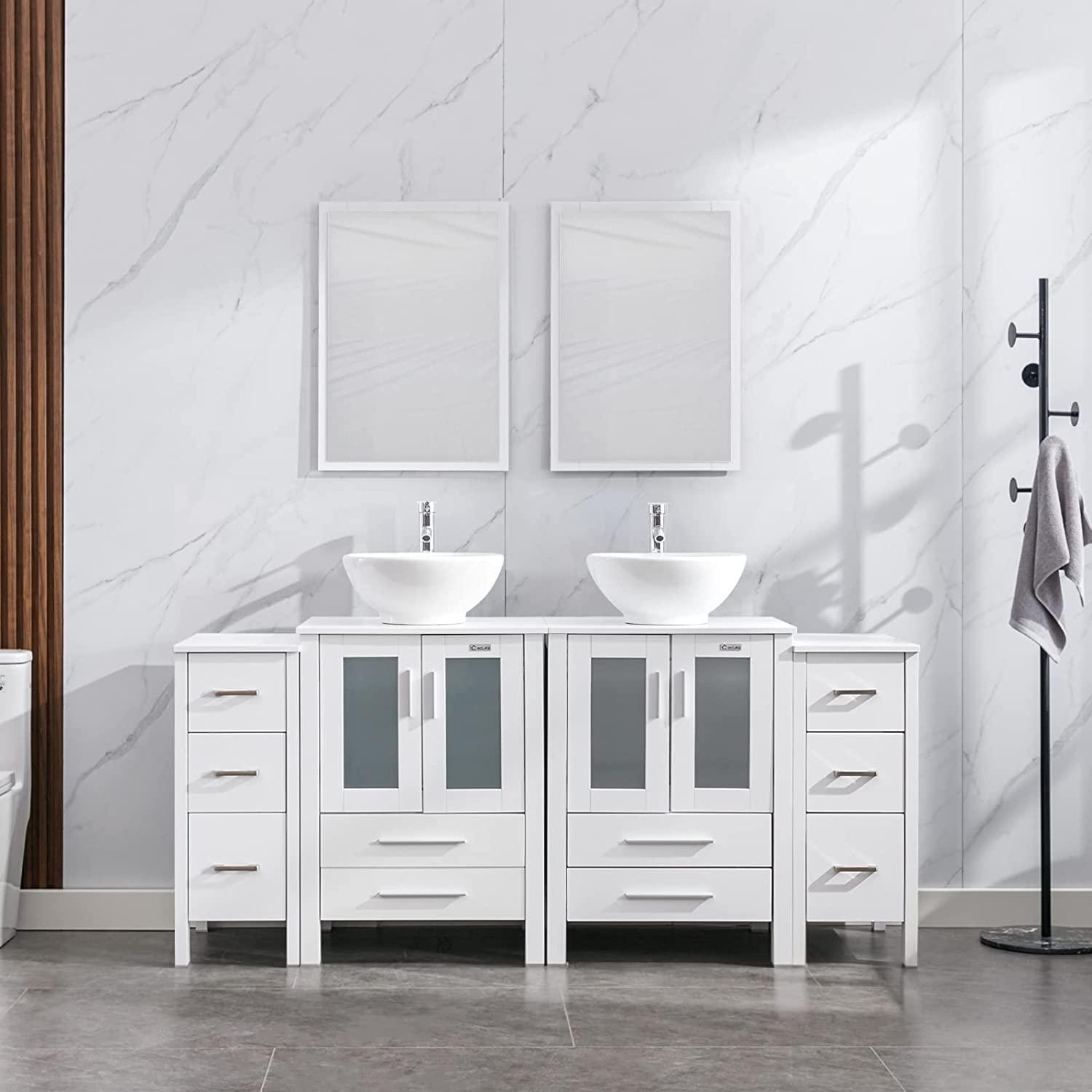 72” Bathroom Vanity Sink Combo W/White Small Side Cabinet Round Tempered Glass Vessel Sink & 1.5 GPM Water Save Faucet & Solid Brass Pop Up Drain, with Mirror