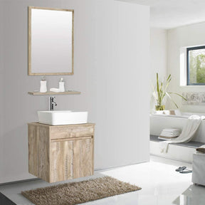 24” Bathroom Vanity Cabinet Wall Mounted Natural Cabinet Two Doors Pedestal Cabinet Vanity Set with Mirror